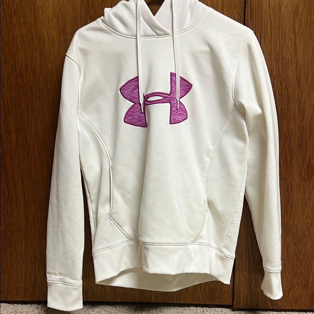 Under Armour Women's White Hoodie with Pink Logo